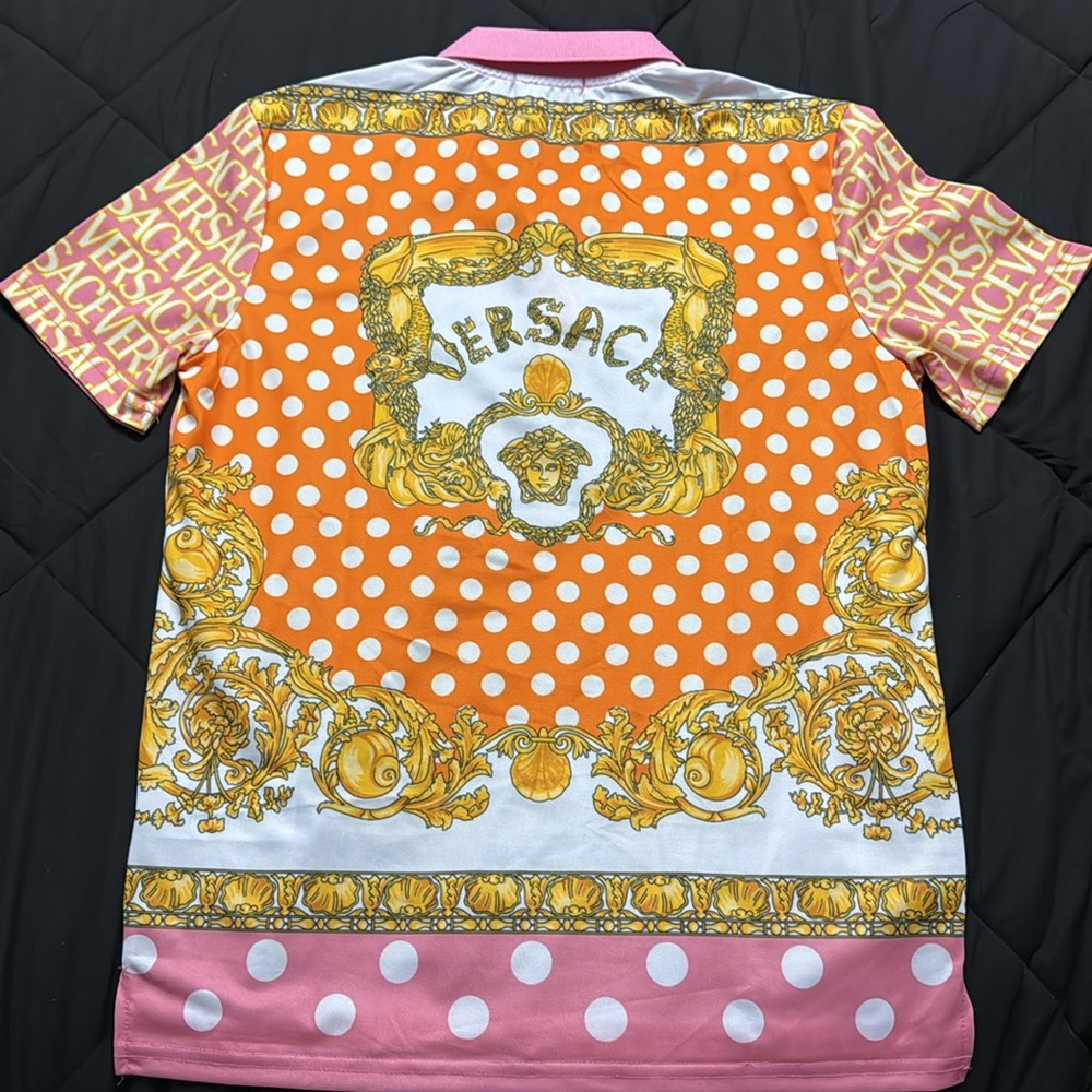 Versace pink & yellow allover polo - Picture 3 of 5